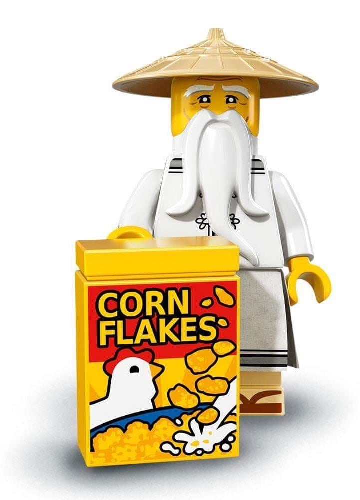 LEGO Ninjago Movie Master Wu Minifigure (71019) w/ Corn Flakes Box + Accessories + Stand